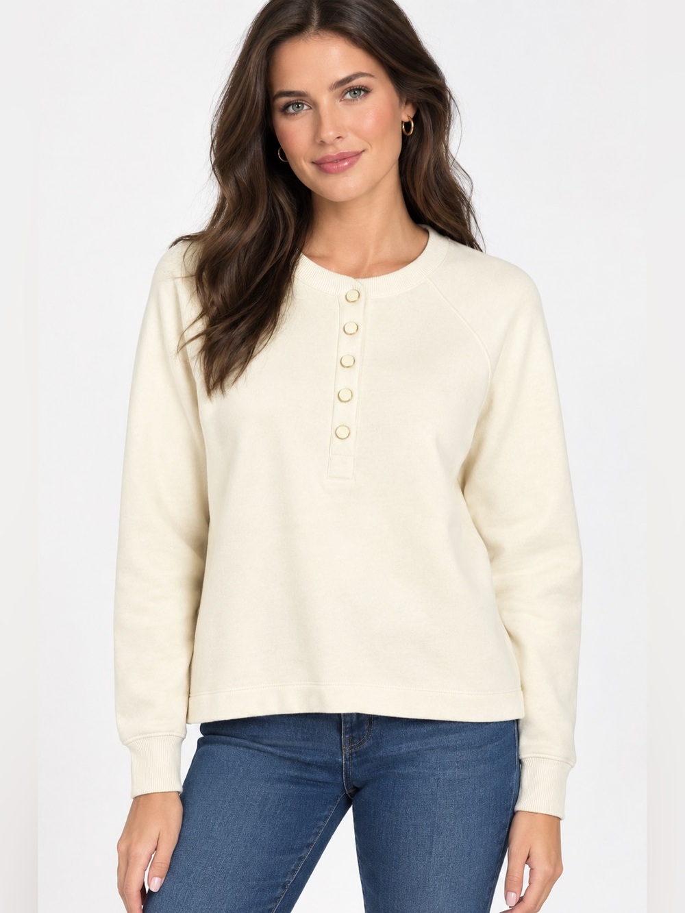 🆕 NEW Ann Taylor Weekend Size M Cream Henley Pullover Cotton Blend Soft Cozy